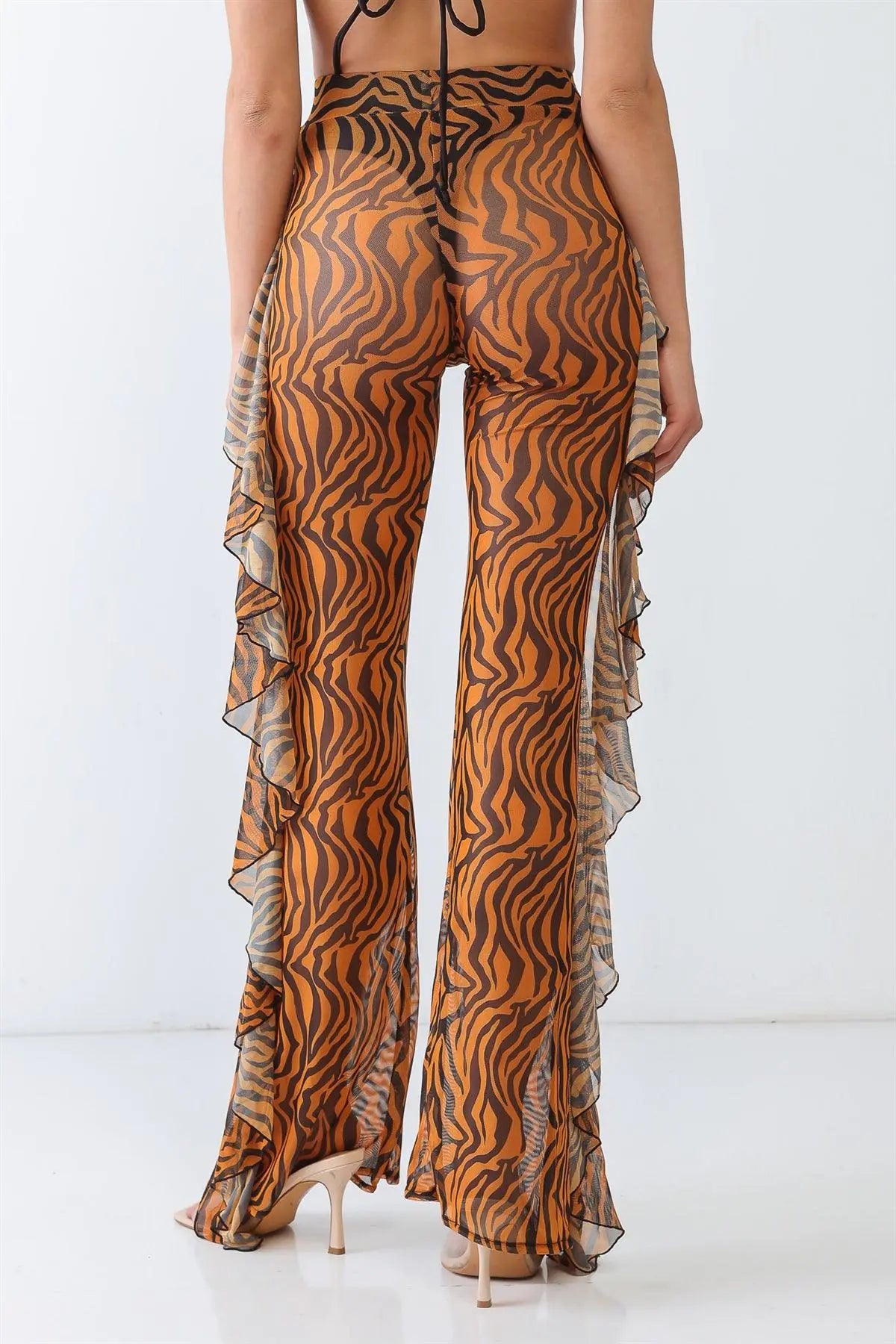 Tiger Animal Print Mesh High Waist Sexy Ruffle Pants