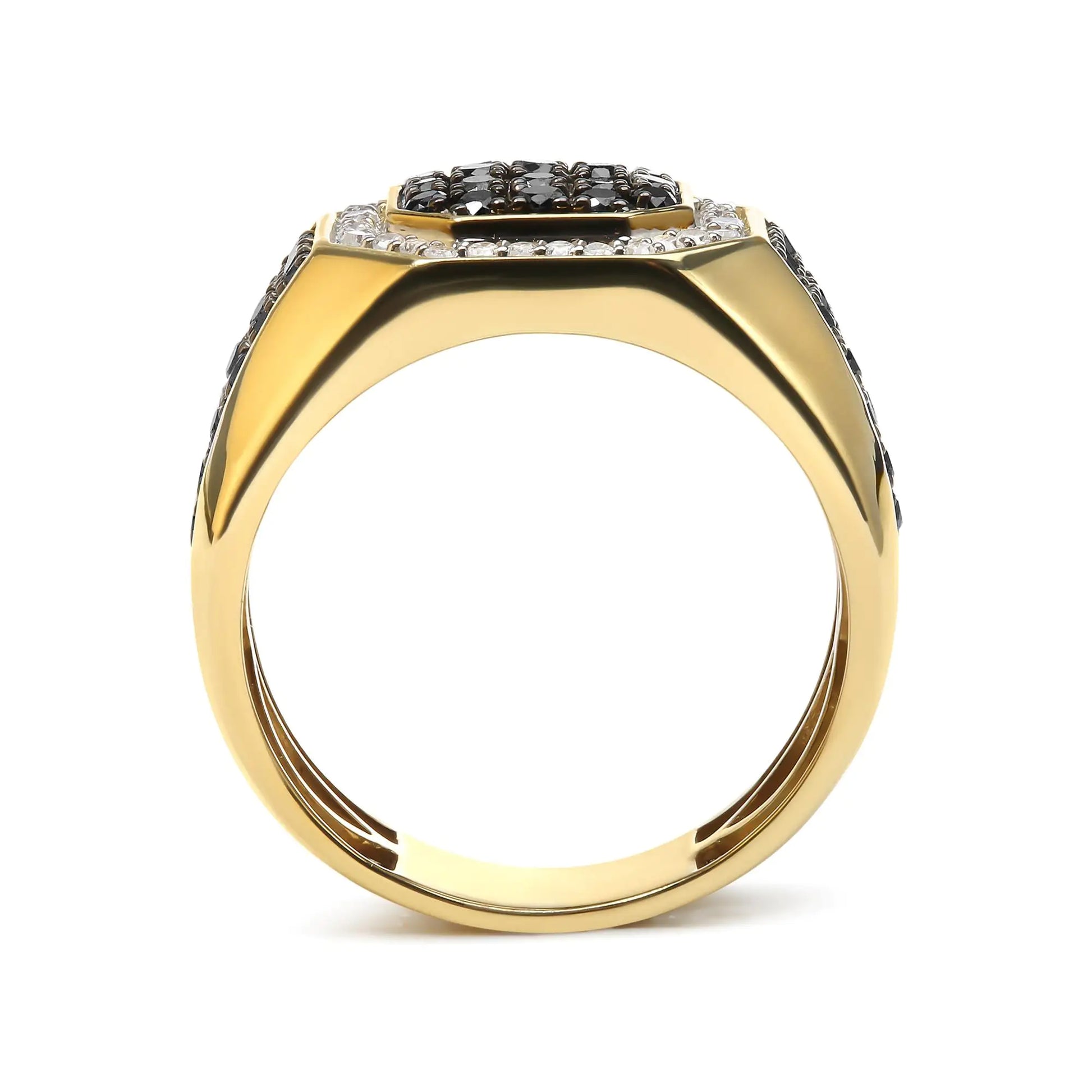 Men's 14K Yellow Gold Plated .925 Sterling Silver 1 1/4 Cttw White and Black Diamond Signet Style Band Ring (Black / I-J Color, I2-I3 Clarity) - Puritific