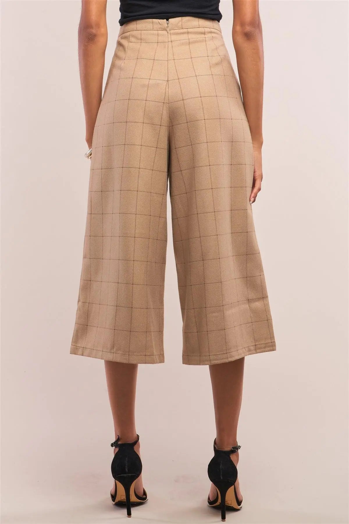 Camel Plaid Checkered High Waisted Pleated Detail Wide Leg Pants /2-1-2-1