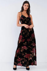 Black Velvet Multi Color Floral Print V-Neck Criss-Cross Back Straps Maxi Dress - Puritific