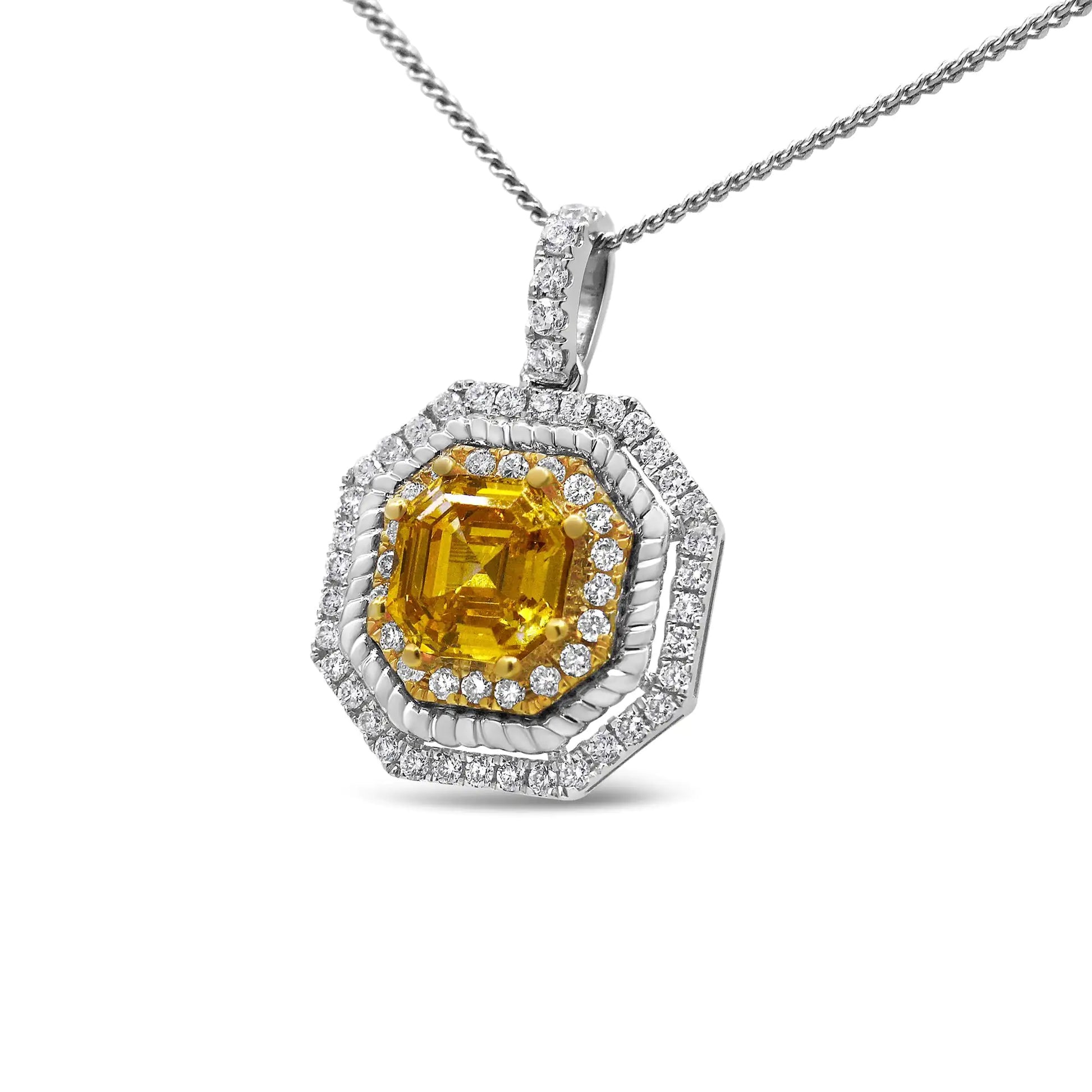 18K White and Yellow Gold 2 1/4 Cttw Lab Grown Yellow Asscher Cut Diamond Art Deco Style Halo 18" Pendant Necklace (Yellow/G-H Color, VS1-VS2 Clarity) - Puritific