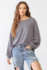 Waffle Knit Long Sleeve Back Wrap Cut-Out Top