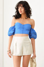 Off Shoulder Puffy Sleeve Ruched Bust Crop Top