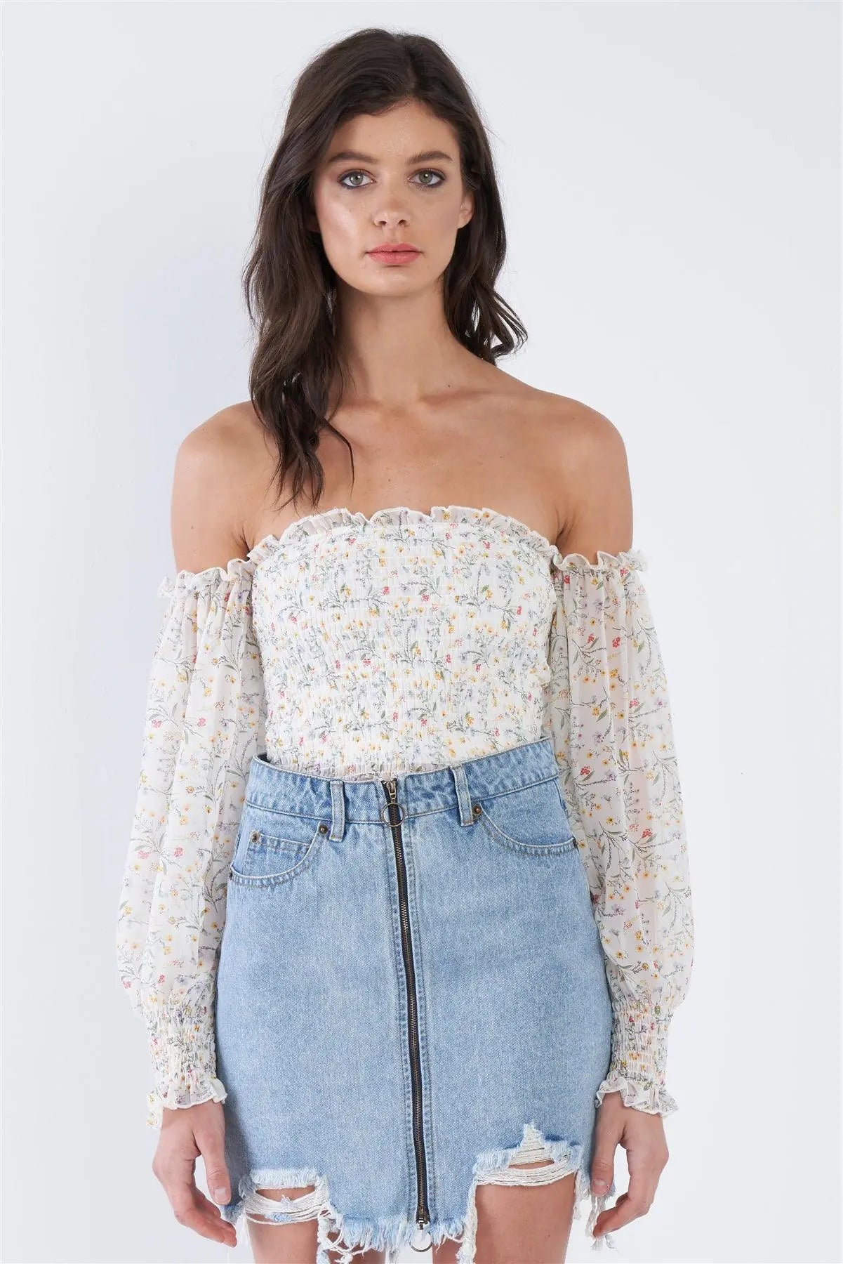 Off-White Sheer Floral Off-The-Shoulder Peplum Top  /3-2-1