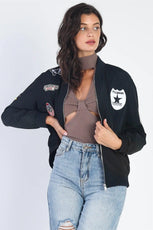 Aviator Black Retro Patches Long Sleeve Bomber Jacket /2-2 - Puritific