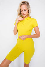 Neon Yellow Athletic Short Sleeve Polo Ribbed Crop Top & Biker Short Set /3-2-1