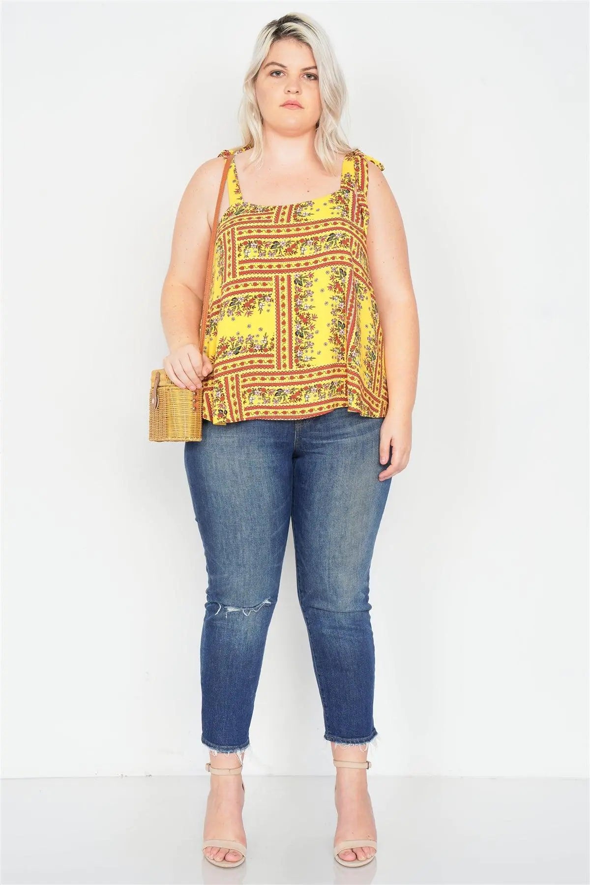 Junior Plus Size Yellow  Scoop Neck Boho Floral Print Tank Top /2-2-1