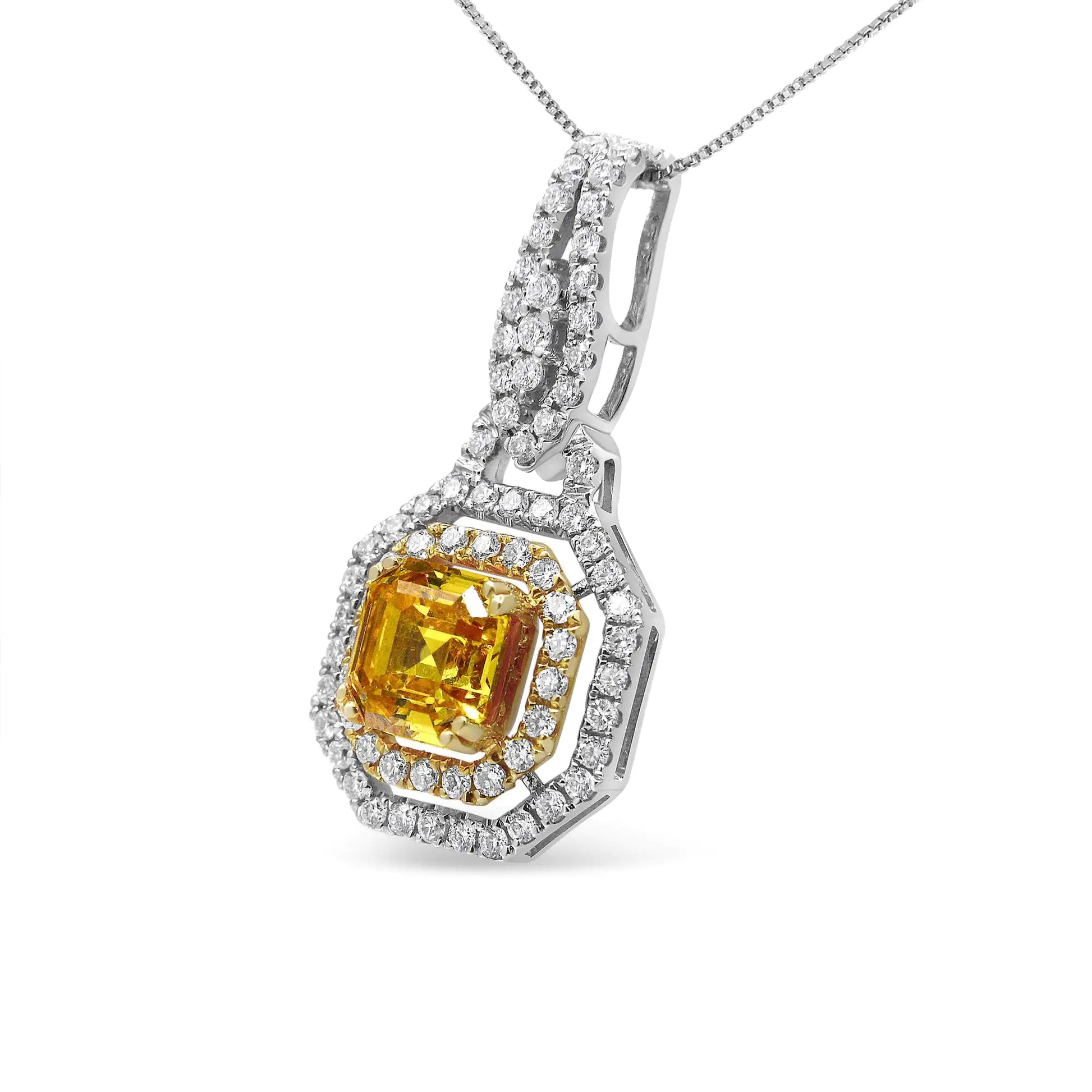 18K White and Yellow Gold 2 3/5 Cttw Lab Grown Yellow Asscher Diamond Double Framed Halo 18" Pendant Necklace (Yellow/G-H Color, VS1-VS2 Clarity) - Puritific