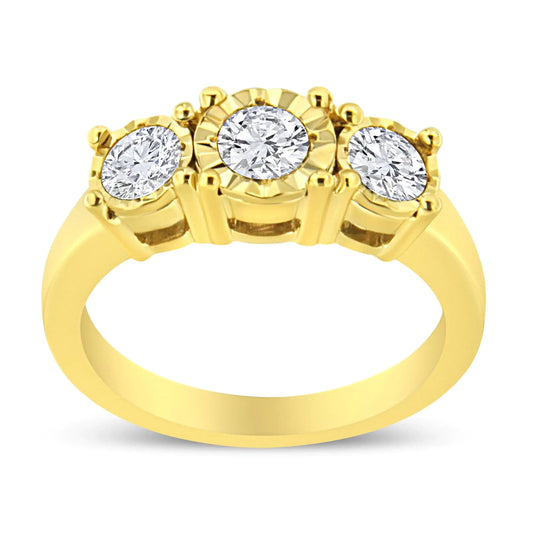 14K Yellow Gold Plated .925 Sterling Silver 1.00 Cttw Miracle-Set Round Diamond Three Stone Engagement Ring (K-L Color, I1-I2 Clarity) - Puritific