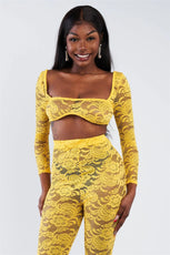 Yellow Sheer Floral Lace Crop Square Neck Top & High Waist Flare Pant Set /2-2 - Puritific