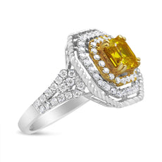 18K White and Yellow Gold 2 1/5 Cttw Lab Grown Yellow Asscher Diamond Double Halo Art Deco Cocktail Ring (Yellow/G-H Color, VS1-VS2 Clarity) - Puritific