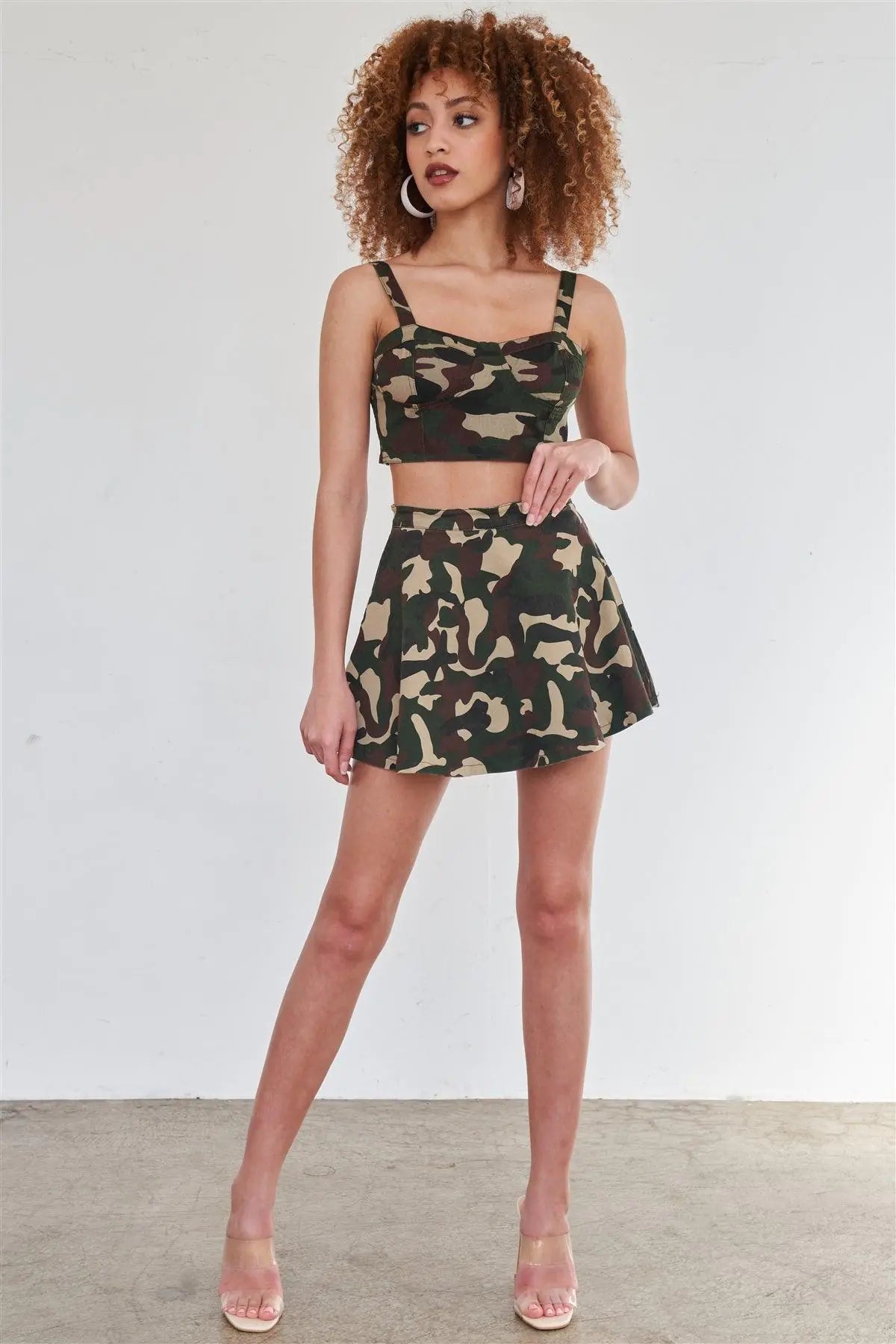 Army Camo High Waist Flare Mini Skirt - Puritific