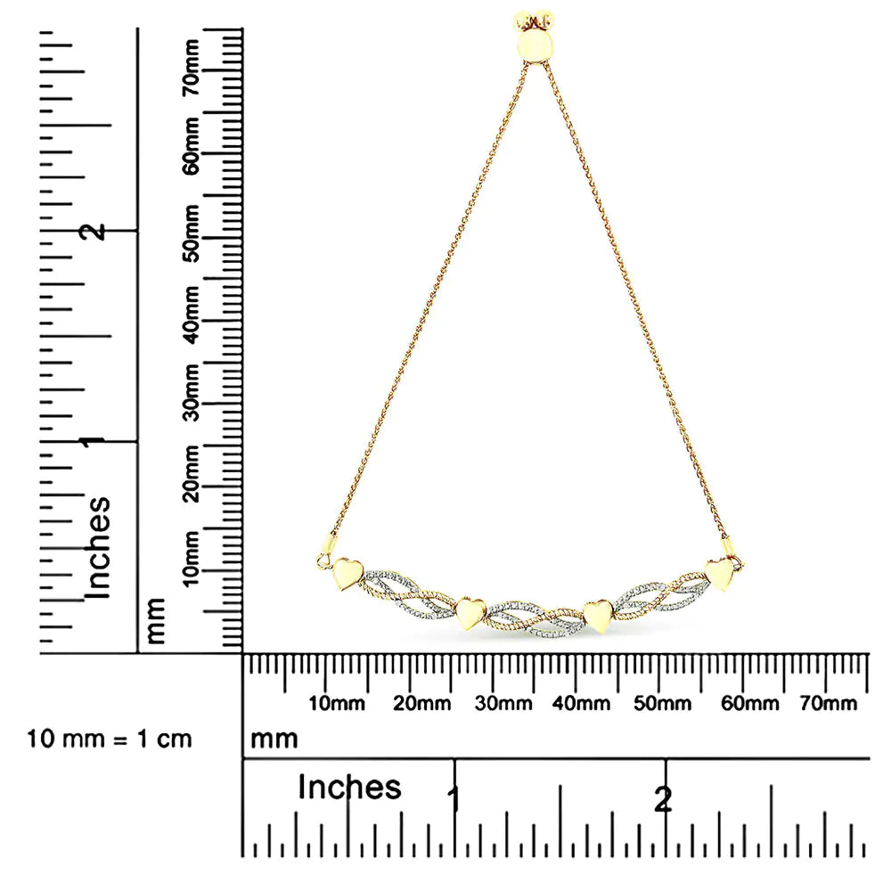 14K Yellow Gold Plated .925 Sterling Silver 1/10 Cttw Diamond Wave and Hearts Bolo Bracelet (I-J Color, I2-I3 Clarity) - 4"-10" Adjustable - Puritific