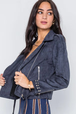 Blue Studded Embroidery Faux Suede Moto Jacket /2-2-2 - Puritific