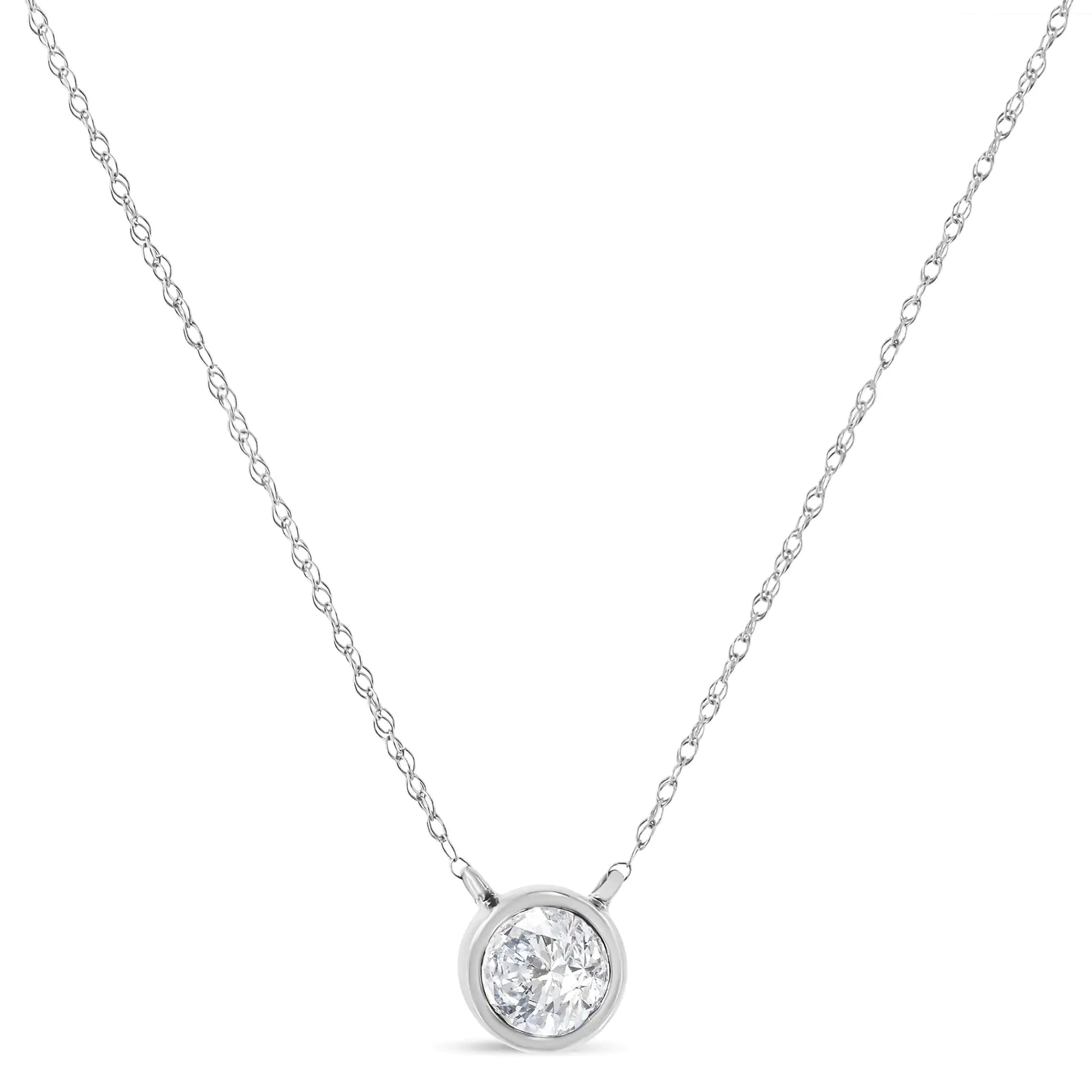 AGS Certified 10K Gold Bezel Set Round Diamond Solitaire 16-18" Adjustable Pendant Necklace (H-I Color, SI1-SI2 Clarity) - Puritific