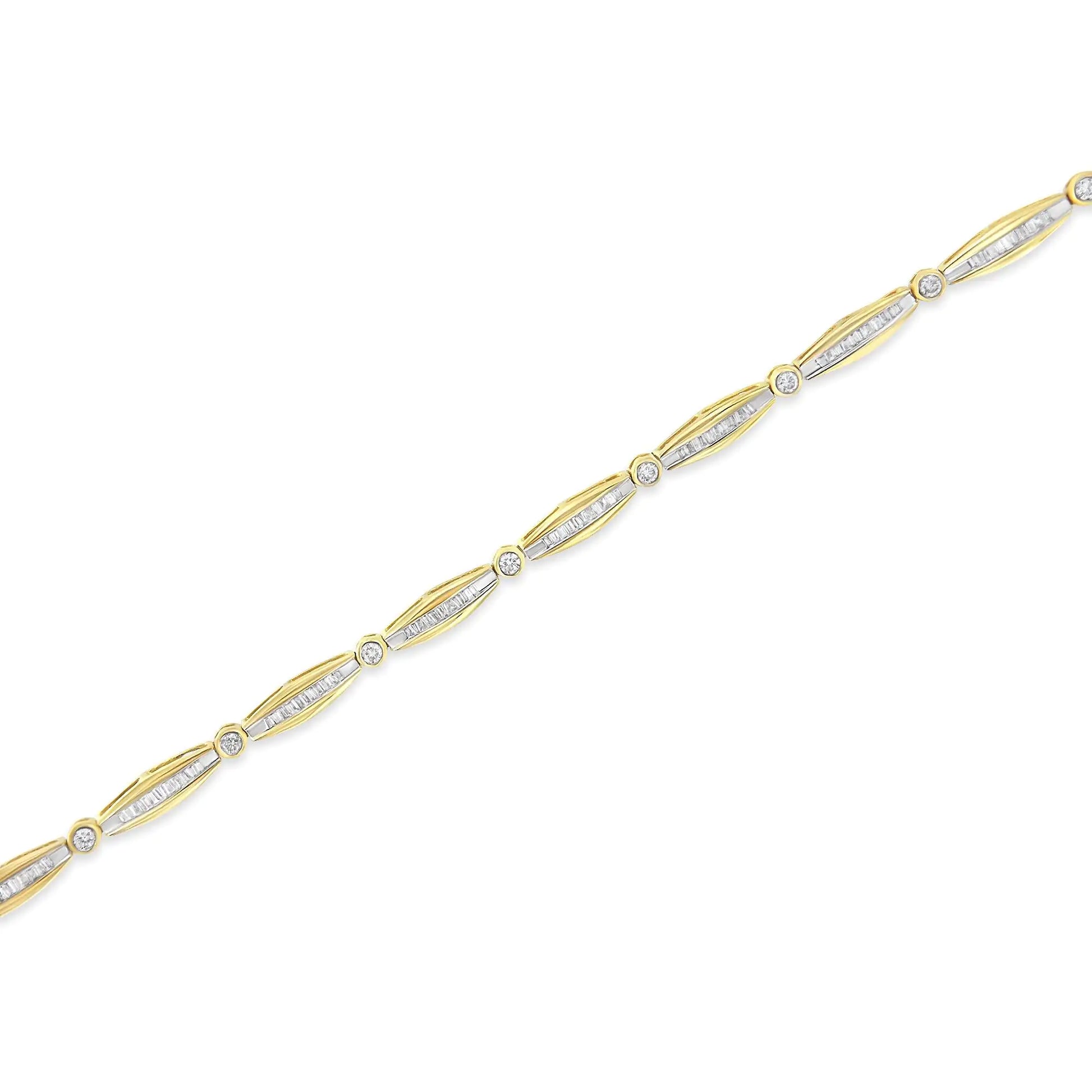 14K Yellow Gold 2.0 Cttw Round Brilliant-Cut & Baguette Cut Diamond Bezel and Tapered Link 7" Tennis Bracelet (H-I Color, SI2-I1 Clarity) - Puritific