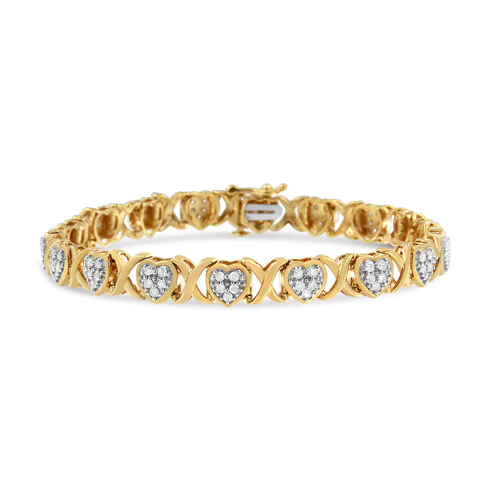 14KY Yellow Gold Plated .925 Sterling Silver 1.00 Cttw Diamond Heart and X Link Bracelet (I-J Color, I3 Clarity) - 7.25" Inches - Puritific