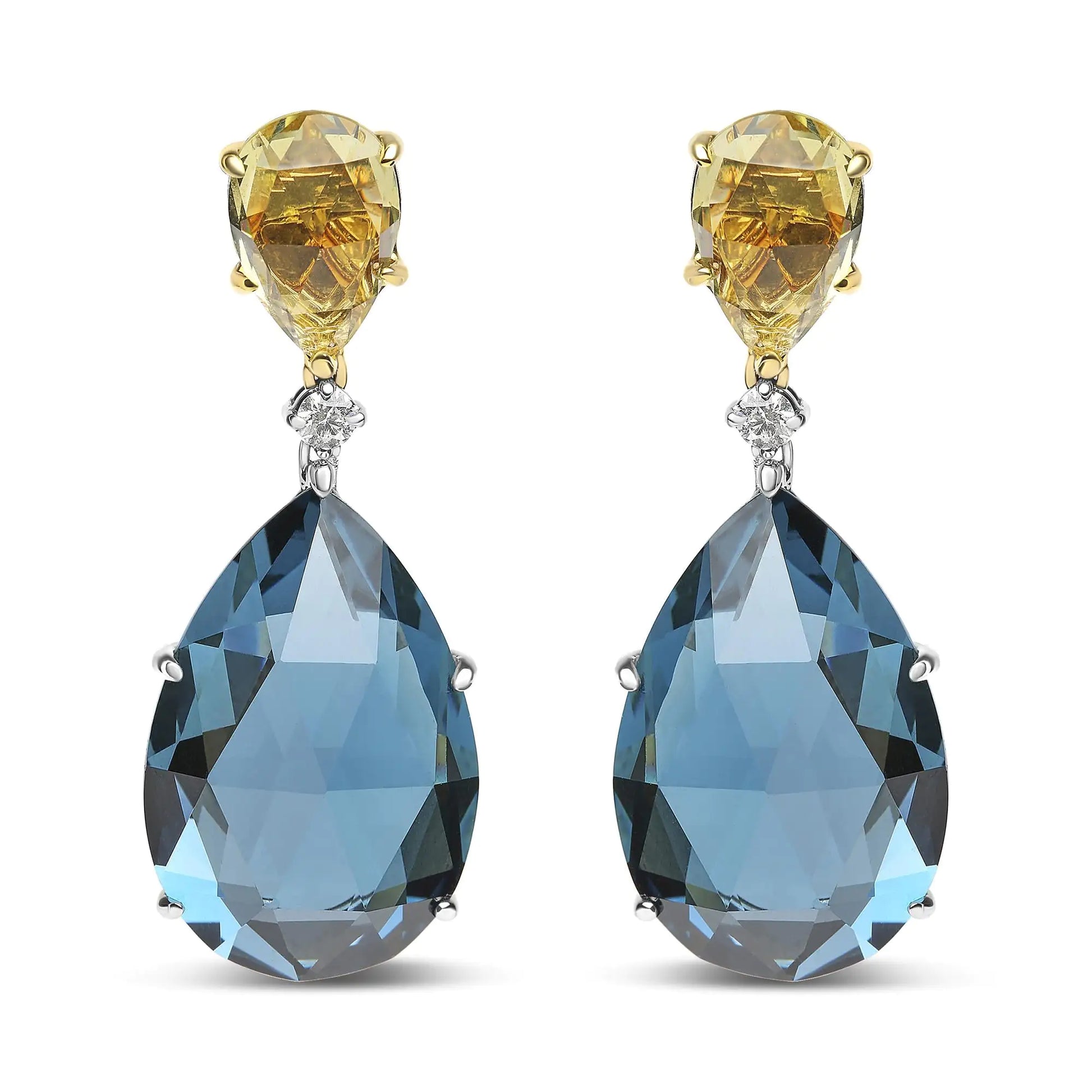 18K White and Yellow Gold 1/5 Cttw Diamond with Pear Cut Lemon Quartz and Pear Cut London Blue Topaz Gemstone Dangle Earring (G-H Color, SI1-SI2 Clarity) - Puritific