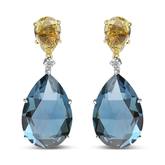 18K White and Yellow Gold 1/5 Cttw Diamond with Pear Cut Lemon Quartz and Pear Cut London Blue Topaz Gemstone Dangle Earring (G-H Color, SI1-SI2 Clarity) - Puritific