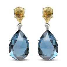 18K White and Yellow Gold 1/5 Cttw Diamond with Pear Cut Lemon Quartz and Pear Cut London Blue Topaz Gemstone Dangle Earring (G-H Color, SI1-SI2 Clarity) - Puritific