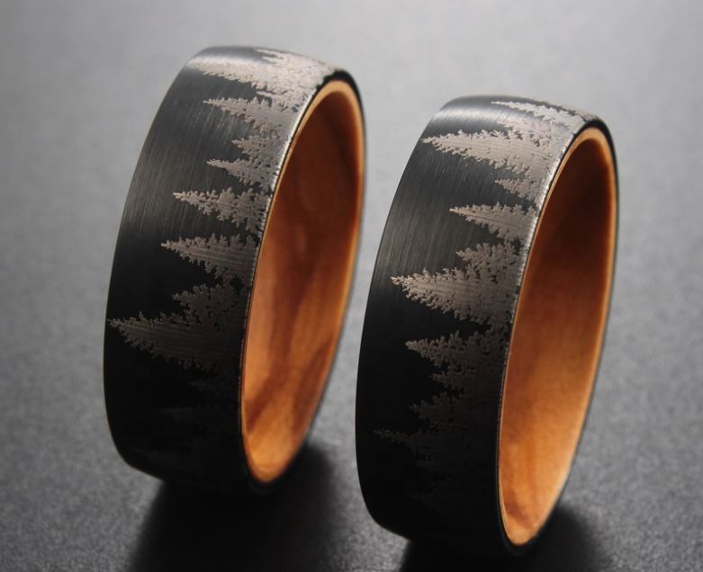 Black Etched Tree Line Wood and Tungsten Ring - Puritific