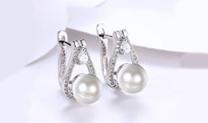 14K White Gold Plating Austrian Elements Pav'e Freshwater Pearl Pear Cut Clip On Earrings ITALY Design - Puritific