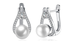 14K White Gold Plating Austrian Elements Pav'e Freshwater Pearl Pear Cut Clip On Earrings ITALY Design - Puritific