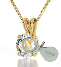 14k Yellow Gold Gemini Necklace Zodiac Pendant 24k Gold Inscribed on Crystal - Puritific