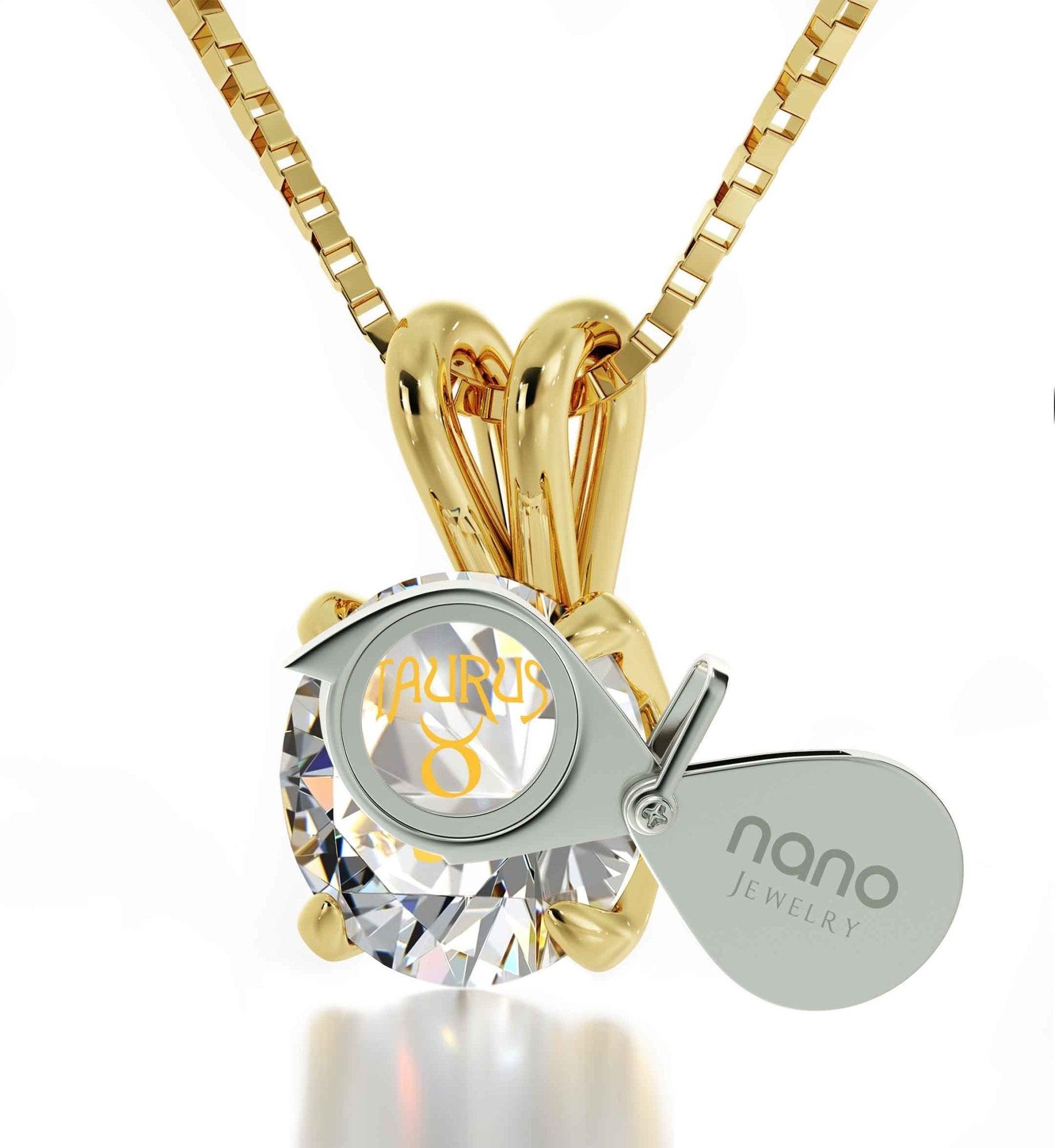 14k Yellow Gold Taurus Necklace Zodiac Pendant 24k Gold Inscribed on Crystal - Puritific