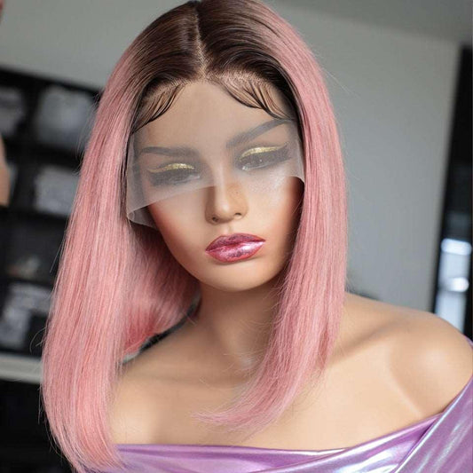 180D Pink Bob Wig Silky Straight Lace Front Human Hair Wig - Puritific