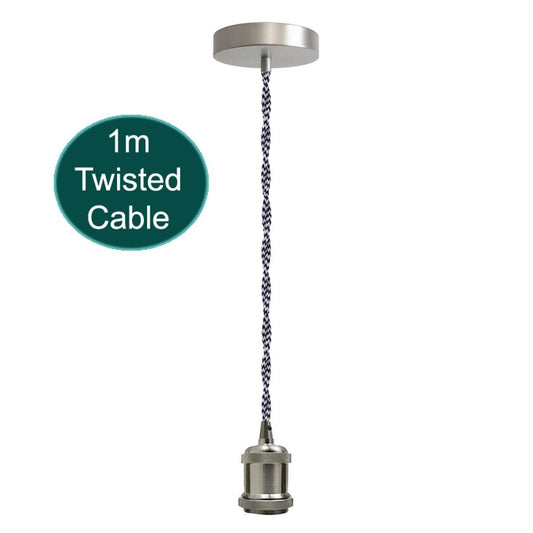 1m Black And White Twisted Cable E27 Base Satin Nickel Holder~1709-0