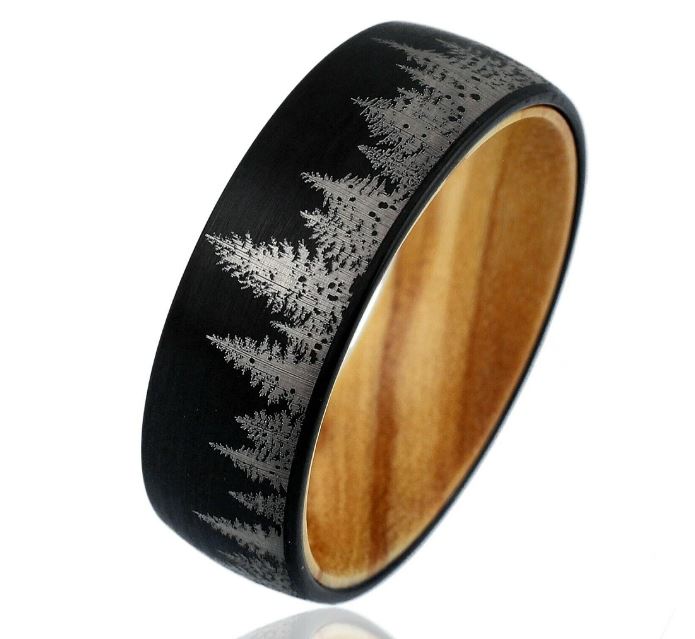 Black Etched Tree Line Wood and Tungsten Ring - Puritific