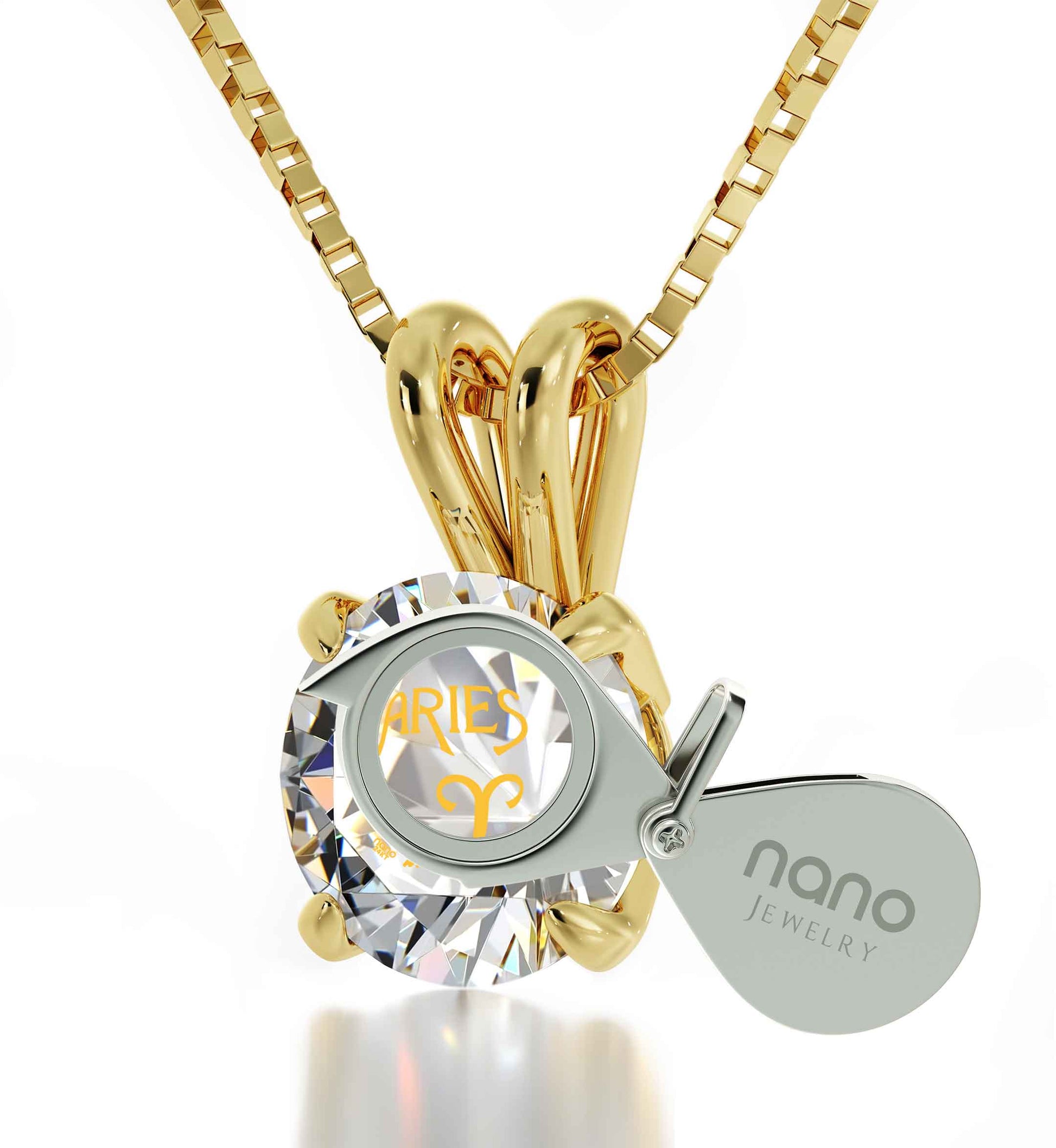 14k Yellow Gold Aries Necklace Zodiac Pendant 24k Gold inscribed on Crystal - Puritific