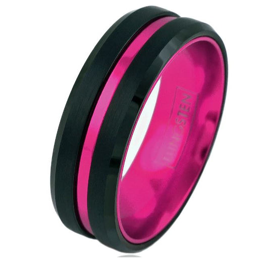 Black Tungsten and Hot Pink Stripe Ring - Puritific