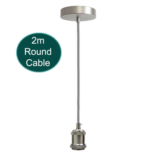 2m Black & White Round Cable E27 Base Satin Nickel Holder~1727-0