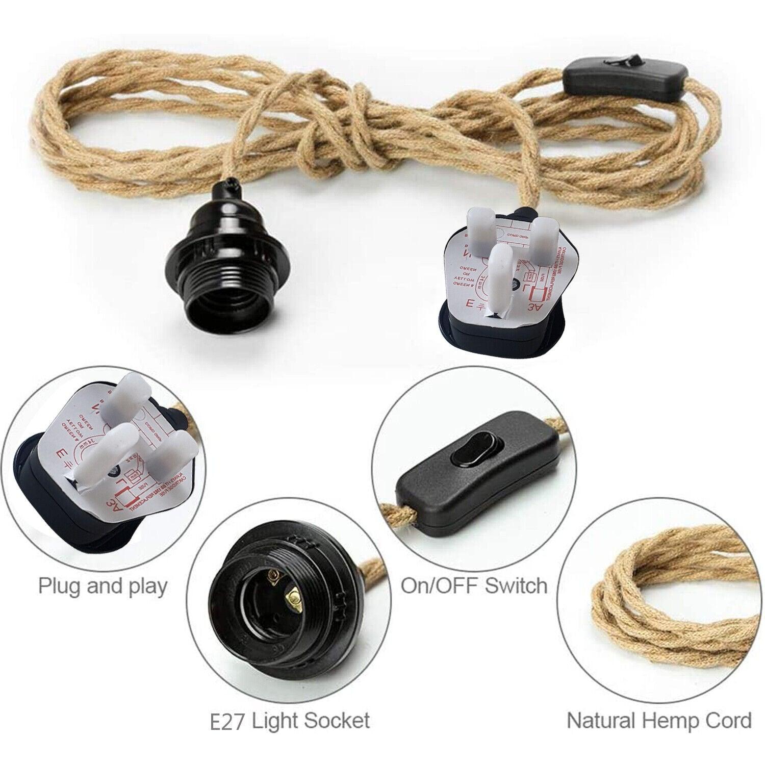 2M Plug In Pendant hemp  with Switch and Holder Black~3870-3