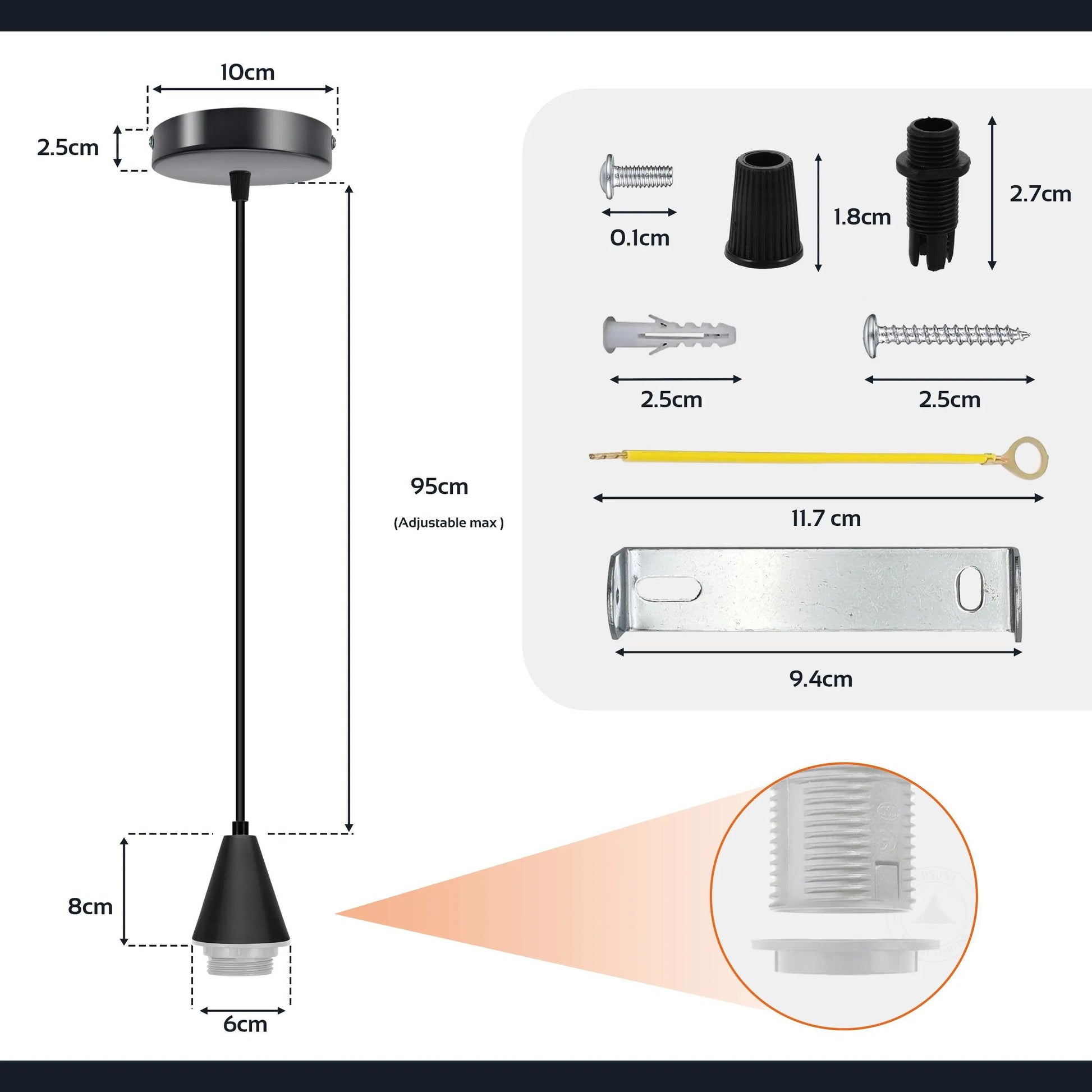 2Pack Copper E27 Cone Pendant Holder Black PVC Cable 1m Pendant Set,Ceiling Rose~4281-1