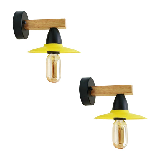 2Pack Yellow LED Wall Light Sconce Wood,15cm Lamp Shade,E27 Lamp Holder~4350-0