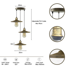 3 Head Brushed Brass Ceiling Pendant Light Metal Shade 22cm E27 Hanging Light~4405-2