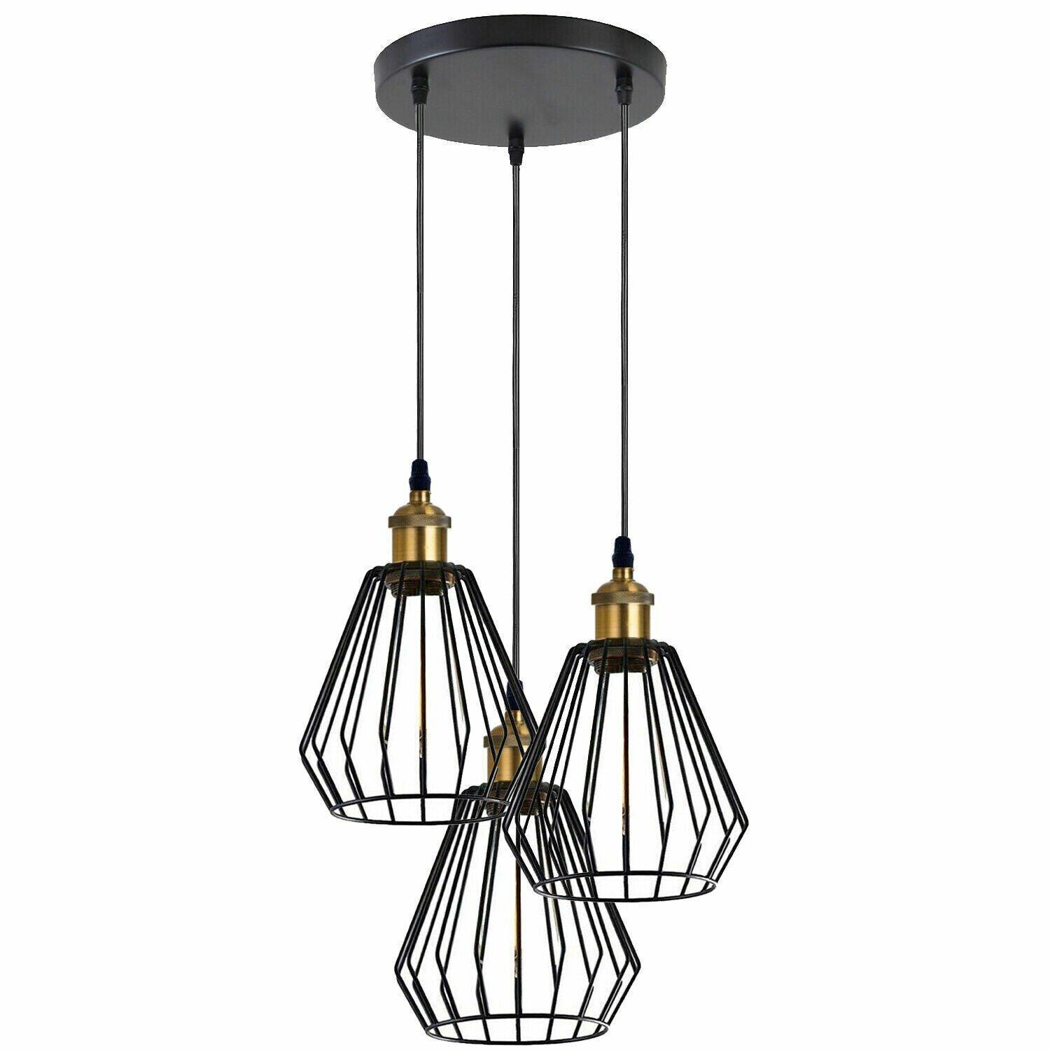 3 Head Pendant Light  Wire Cage Shade, Diamond Cage Black Hanging~4468-1