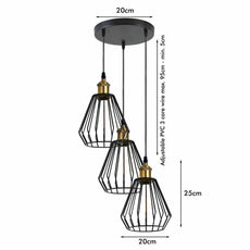 3 Head Pendant Light  Wire Cage Shade, Diamond Cage Black Hanging~4468-2