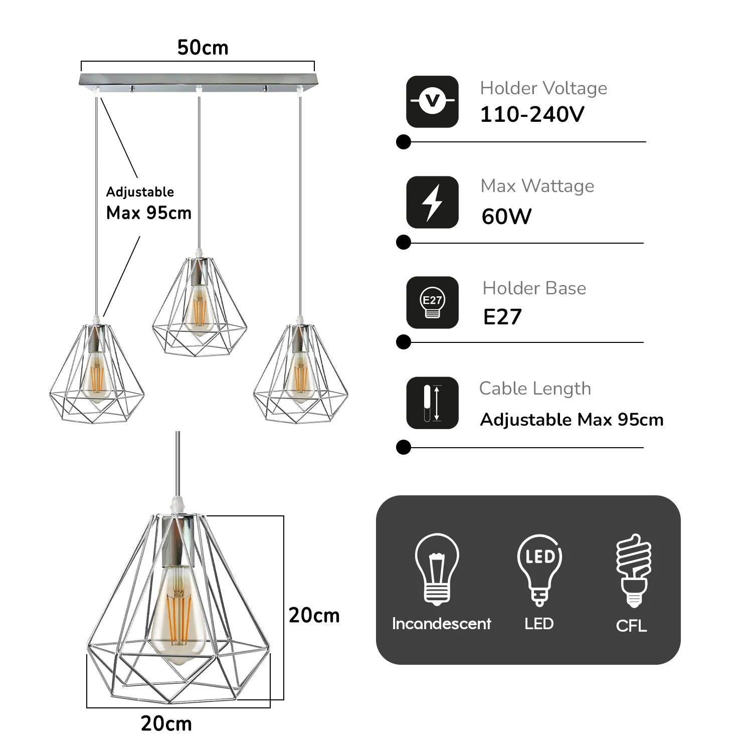 3 Head Rectangle Chrome Metal 20cm Diamond Wire Cage E27 Pendant Light,95cm Wire~ 4179-4