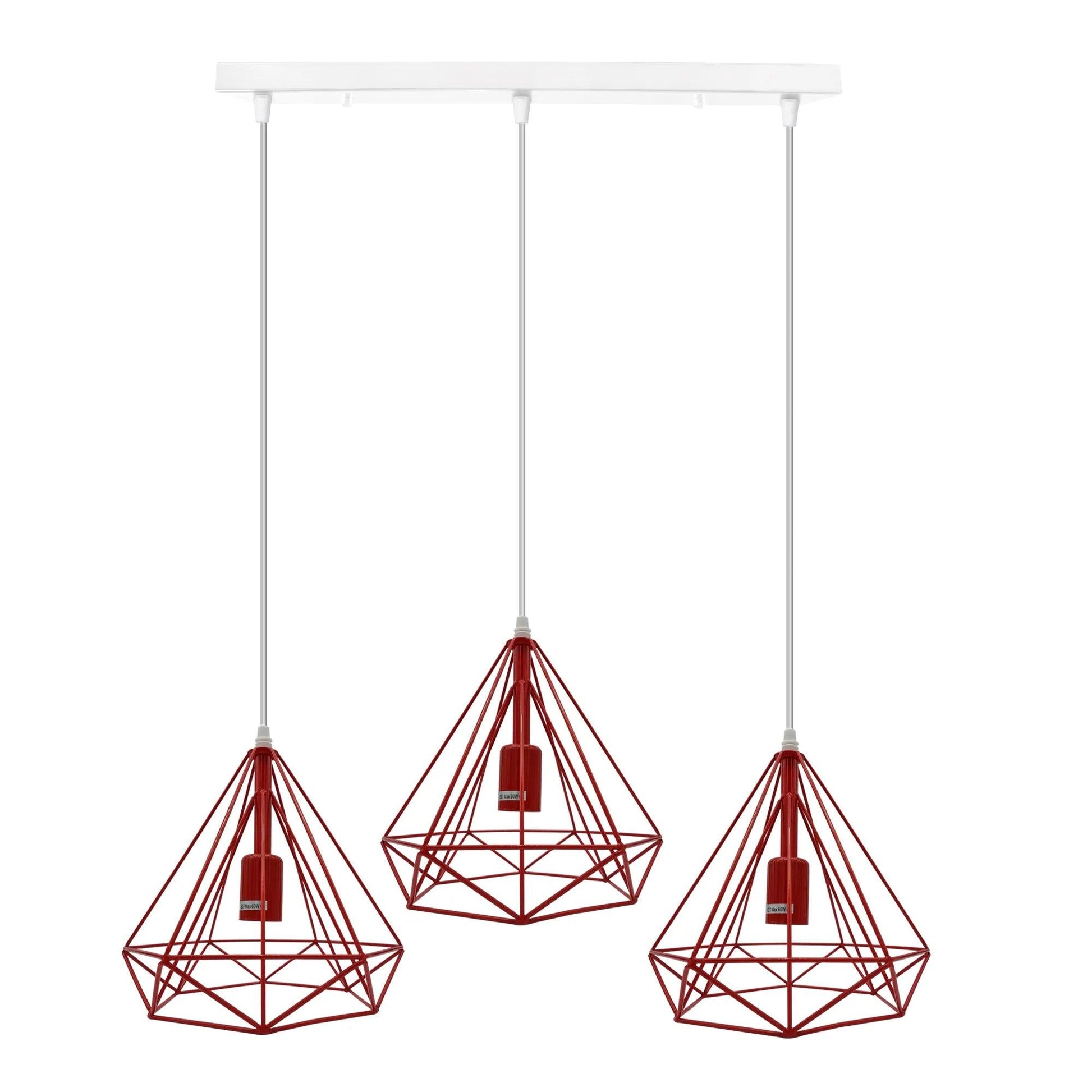 3 Head Red Rectangle-E27 Ceiling Hanging Cage Shade Loft Metal Pendant Lamp~4201-0