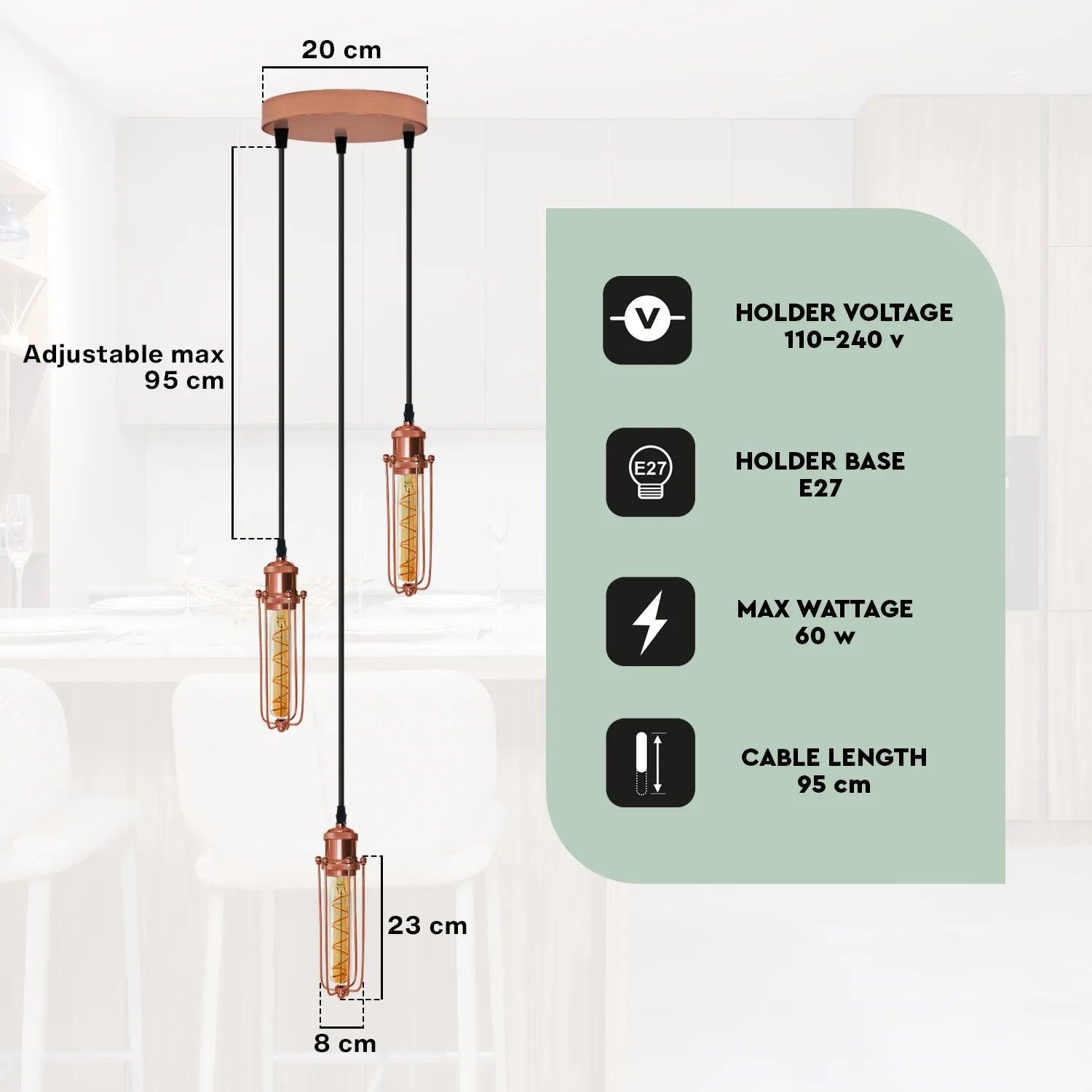 3 Head Round Base Rose Gold Ceiling E27 Pendant Light,Wire Cage,Hanging Lamp~ 4178-3