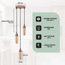 3 Head Round Base Rose Gold Ceiling E27 Pendant Light,Wire Cage,Hanging Lamp~ 4178-3