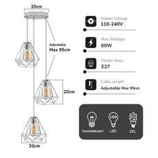 3 Head Round Chrome Metal 20cm Diamond Wire Cage E27 Pendant Light 95cm Wire~4180-4