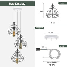 3 Head Round-E27 Hanging Light Cage Shade Loft Metal Ceiling Pendant Lamp~4200-2