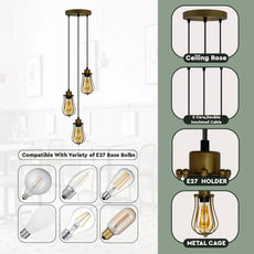 3 Yellow Brass Balloon,Wire Cage E27 Ceiling Rose Bulb Holder With Cable~4289-2