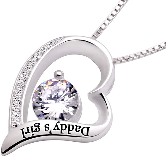 14K White Gold Plating White Crystal Pav'e Daddy's Girl Heart Shaped Necklace - Puritific