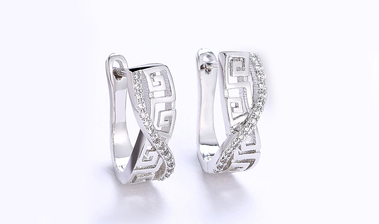 14K White Gold Plated White Sapphire Pav'e Greek Key Design Pav'e Curved Hinge Earrings - Puritific